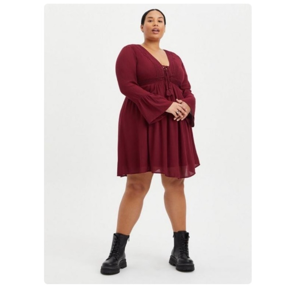 Torrid Zinfandel Burgundy Mini Gauze Lace-Up Skater Dress 2 2X 18 20 RR14 - Picture 2 of 16